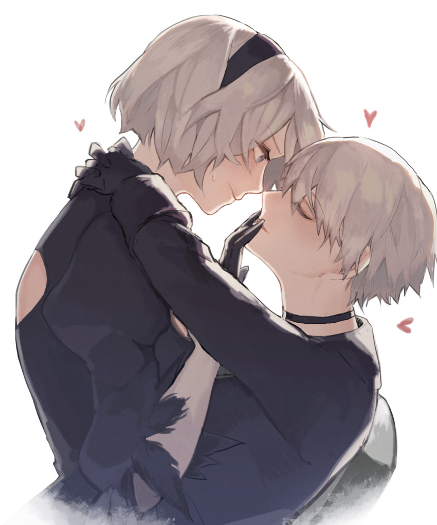 black_dress black_hairband closed_eyes dress hairband hand_on_another's_mouth heart highres hug looking_at_another nier_(series) nier_automata pullssack sweatdrop yorha_no._2_type_b yorha_no._9_type_s