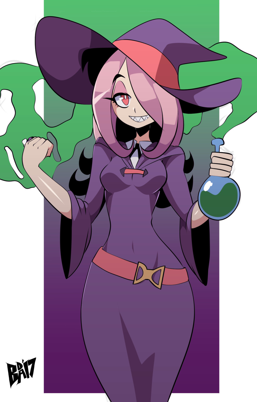 1girl bigdead93 hat highres little_witch_academia pink_eyes pink_hair potion sharp_teeth smile solo sucy_manbavaran teeth witch witch_hat