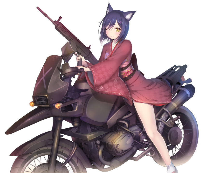 1girl animal_ears assault_rifle bangs blush cat_ears eyebrows_visible_through_hair floral_print fn_scar ground_vehicle gun hair_ornament hairclip highres holding holding_gun holding_weapon japanese_clothes kashiwamochi_yomogi kimono long_sleeves looking_at_viewer motor_vehicle motorcycle nijisanji obi one_eye_closed red_kimono rifle sandals sash shizuka_rin short_hair simple_background smile solo trigger_discipline virtual_youtuber weapon white_background white_legwear wide_sleeves yellow_eyes