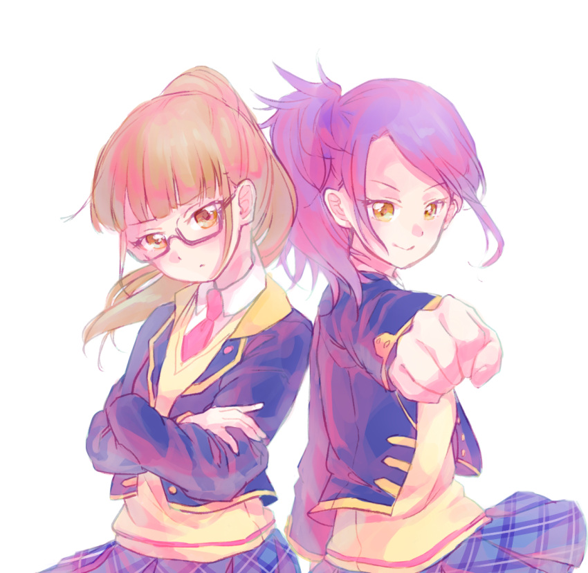 2girls bangs blunt_bangs brown_eyes brown_hair clenched_hand crossed_arms long_sleeves looking_at_viewer minami_mirei multiple_girls noromame outstretched_arm pleated_skirt ponytail pripara purple_hair red_neckwear school_uniform simple_background skirt smile toudou_shion white_background