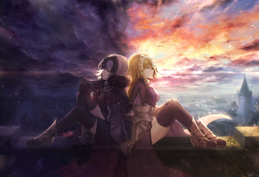 2girls armor armored_boots artist_name black_legwear blonde_hair blue_eyes boots capelet closed_mouth clouds cloudy_sky dated day fate/apocrypha fate_(series) faulds from_side fur_trim gauntlets grey_hair headpiece highres jeanne_alter long_hair mashu_003 multiple_girls night outdoors purple_legwear ruler_(fate/apocrypha) scenery signature sitting sky symmetry thigh-highs twitter_username yellow_eyes