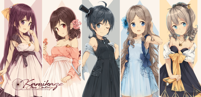 5girls :d ahoge alternate_costume asakaze_(kantai_collection) bag black_dress black_hair black_hat blonde_hair blue_dress blue_eyes blue_flower breasts brown_eyes brown_hair collarbone dress drill_hair flower gloves hair_between_eyes hair_flower hair_ornament hair_ribbon handbag harukaze_(kantai_collection) hat hatakaze_(kantai_collection) holding holding_bag holding_flower jewelry kamikaze_(kantai_collection) kantai_collection light_brown_hair long_hair long_sleeves malachite matsukaze_(kantai_collection) mini_hat mini_top_hat multiple_girls necklace off_shoulder one_eye_closed open_mouth pink_dress pink_flower ponytail purple_hair red_eyes ribbon short_hair sleeveless sleeveless_dress small_breasts smile top_hat twin_drills violet_eyes wavy_hair white_gloves yellow_ribbon