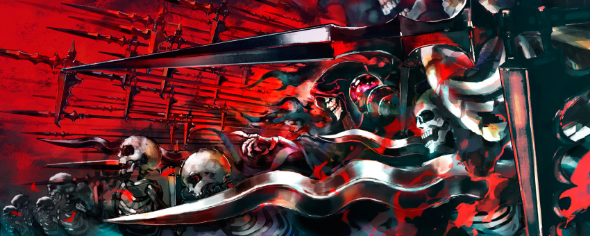 ainz_ooal_gown army commentary_request from_side hood hood_up hooded_robe horocca lance lich necromancer no_humans overlord_(maruyama) pointing pointing_forward polearm red_background red_sky robe skeleton skull sky soldier spear sword weapon