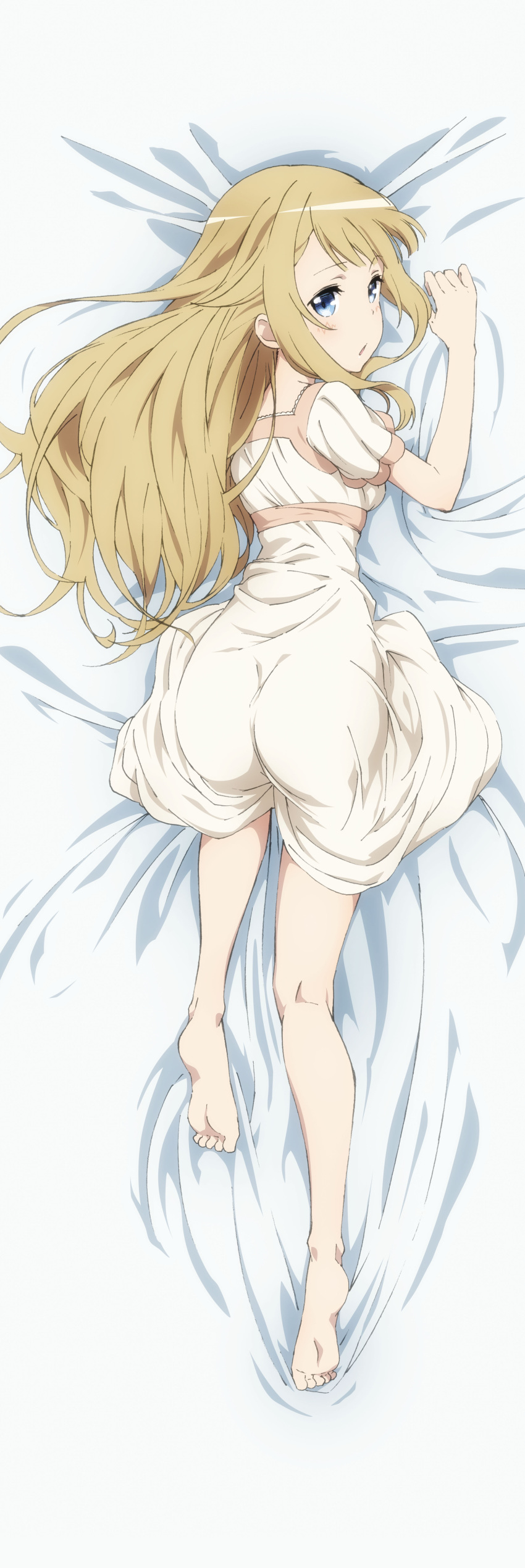 1girl absurdres all_fours ass bare_legs barefoot bed_sheet beige_dress blonde_hair blue_eyes breasts dakimakura dress feet from_above from_behind full_body highres long_hair looking_at_viewer looking_back official_art parted_lips princess_(princess_principal) princess_principal sheet_grab small_breasts soles solo toes top-down_bottom-up very_long_hair