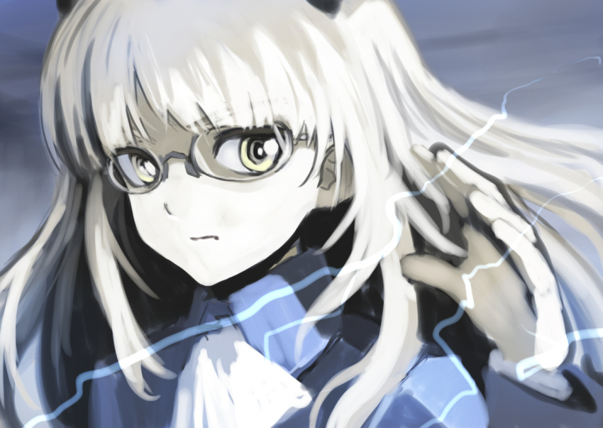 1girl animal_ears bangs blonde_hair blue_jacket blunt_bangs cat_ears closed_mouth cravat electricity eyebrows eyebrows_visible_through_hair facing_away floating_hair frown glasses grey-framed_eyewear jacket long_hair long_sleeves looking_away looking_to_the_side military military_uniform perrine_h_clostermann ringed_eyes shiratama_(hockey) sidelocks solo straight_hair strike_witches uniform upper_body white_neckwear world_witches_series yellow_eyes