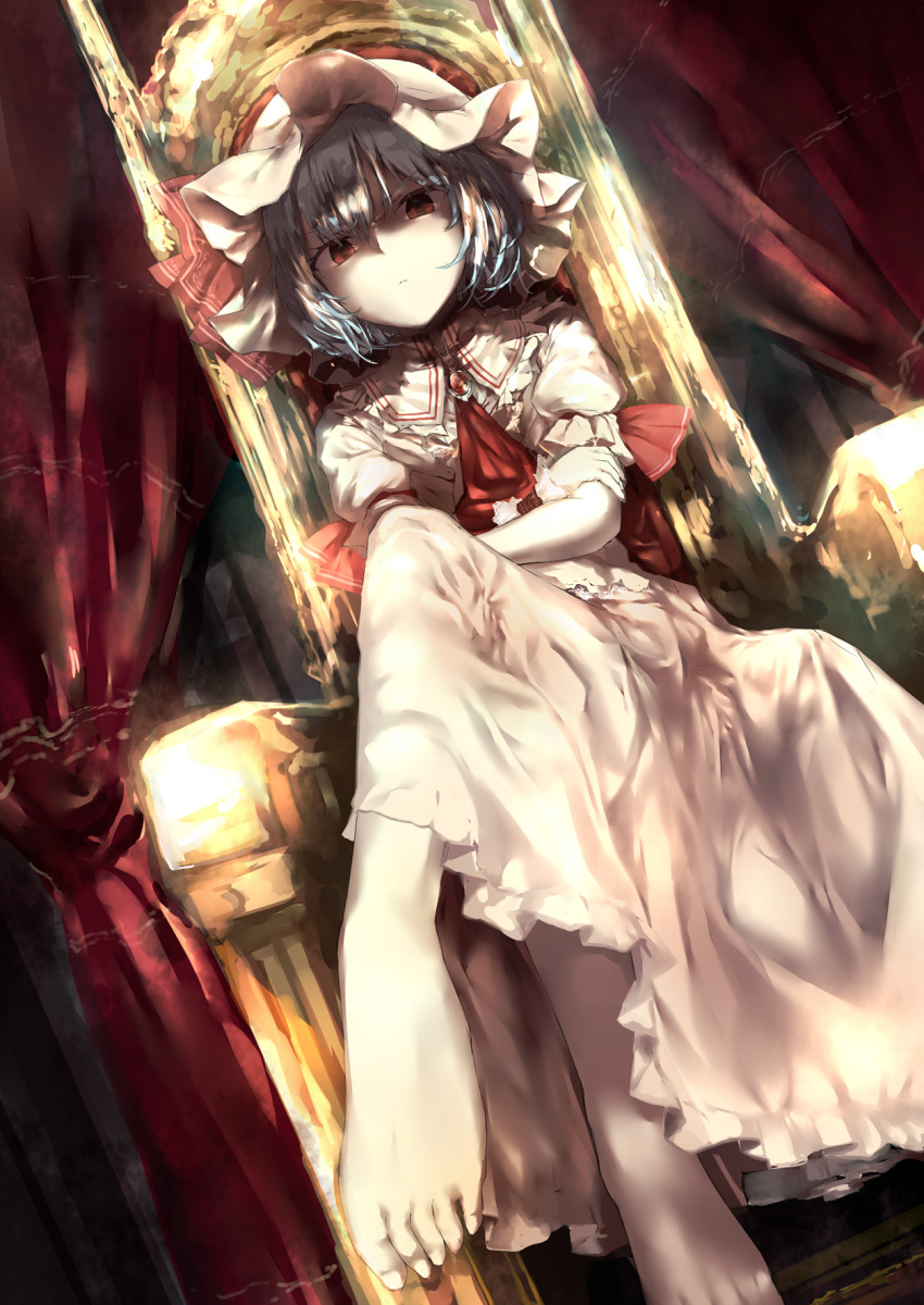 1girl ascot bangs barefoot blue_hair brooch commentary_request crossed_arms curtains dutch_angle feet frown hat hat_ribbon highres jewelry legs_crossed long_skirt looking_at_viewer mob_cap puffy_short_sleeves puffy_sleeves red_ribbon remilia_scarlet ribbon sakusyo short_hair short_sleeves sitting skirt skirt_set solo throne touhou wrist_cuffs
