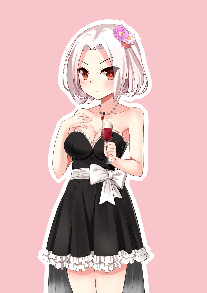 1girl absurdres alcohol bare_shoulders black_dress blush bow breasts cleavage collarbone cup dress drinking_glass flower frilled_dress frills hair_flower hair_ornament hand_on_own_chest highres jewelry looking_at_viewer medium_breasts necklace pink_background red_eyes sash short_dress short_hair solo vittorio_veneto_(zhan_jian_shao_nyu) white_hair wine wine_glass xiao_bing_qiaokeli zhan_jian_shao_nyu