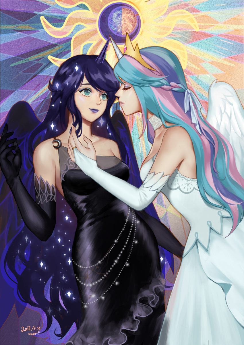 2girls absurdres aqua_eyes bare_shoulders belly_chain black_dress black_gloves black_wings blue_hair blue_lipstick bridal_gauntlets celestia_(my_little_pony) choker crescent dated dress eclipse elbow_gloves eyelashes eyeshadow gloves green_hair highres horn imminent_kiss jewelry lipstick long_hair looking_at_another luna_(my_little_pony) makeup momori moon multicolored_hair multiple_girls my_little_pony my_little_pony_friendship_is_magic parted_lips personification pink_hair pink_lipstick purple_hair siblings sisters smile sparkle sun very_long_hair white_dress white_wings wings