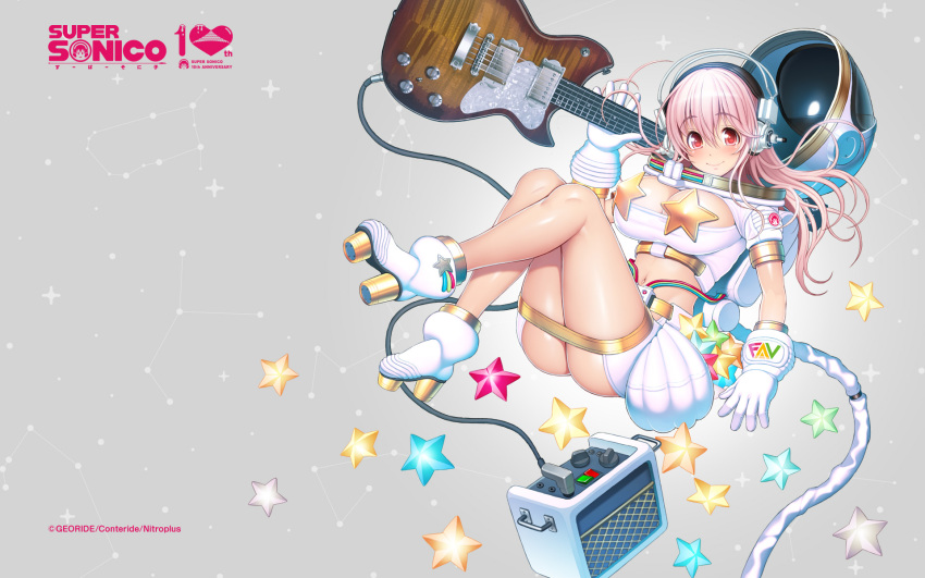 1girl astronaut blush breasts cleavage guitar headphones helmet highres instrument large_breasts long_hair looking_at_viewer navel nitroplus official_art pink_eyes pink_hair smile solo spacesuit super_sonico tsuji_santa wallpaper