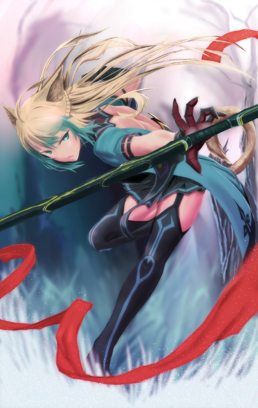 1girl absurdres animal_ears archer_of_red bare_legs blonde_hair bow_(weapon) cat_ears cat_tail fate/apocrypha fate_(series) green_eyes green_hair highres long_hair mukade_(siieregannsu) multicolored_hair solo tail thigh-highs two-tone_hair very_long_hair weapon