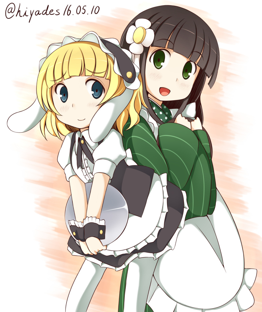 2girls :d ama_usa_an_uniform animal_ears apron back-to-back bangs black_legwear black_skirt blonde_hair blue_eyes blue_hair blunt_bangs blush bolo_tie brown_hair closed_mouth collared_shirt commentary dated eyebrows_visible_through_hair fake_animal_ears flat_chest fleur_de_lapin_uniform floppy_ears flower frilled_apron frilled_cuffs frilled_shirt frilled_skirt frills gochuumon_wa_usagi_desu_ka? green_eyes green_kimono hair_flower hair_ornament hanzaki_hiya highres holding holding_tray japanese_clothes kimono kirima_sharo leaning_forward long_hair long_sleeves looking_at_viewer maid_apron maid_headdress multiple_girls open_mouth polka_dot_trim puffy_short_sleeves puffy_sleeves rabbit_ears shirt short_hair short_sleeves sidelocks skirt smile standing striped striped_kimono tray twitter_username two-tone_background ujimatsu_chiya underbust waist_apron white_apron white_flower white_legwear white_shirt wide_sleeves wing_collar wrist_cuffs