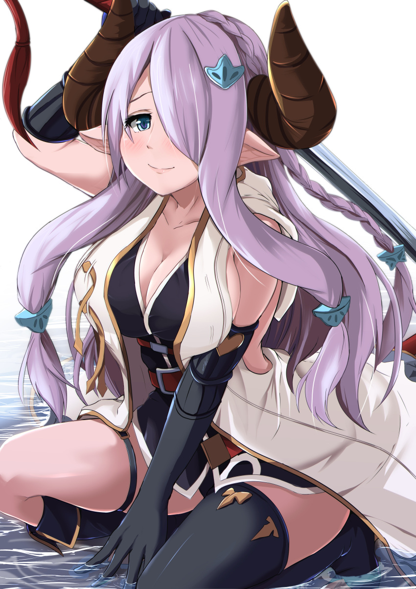 1girl absurdres bad_id bad_pixiv_id belt black_gloves black_legwear blue_eyes blush boots braid breasts cleavage doraf elbow_gloves gloves granblue_fantasy hair_over_one_eye highres horns kanzaki_kureha katana large_breasts long_hair narumeia_(granblue_fantasy) pointy_ears purple_hair single_braid single_thighhigh smile solo sword thigh-highs weapon