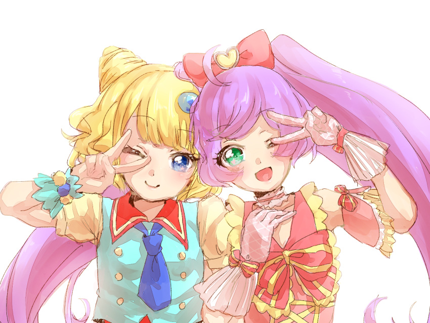 2girls ahoge blonde_hair bow gloves hair_bow looking_at_viewer manaka_lala minami_mirei multiple_girls noromame one_eye_closed pripara purple_hair red_bow short_hair short_sleeves simple_background smile twintails v_over_eye white_background wrist_cuffs