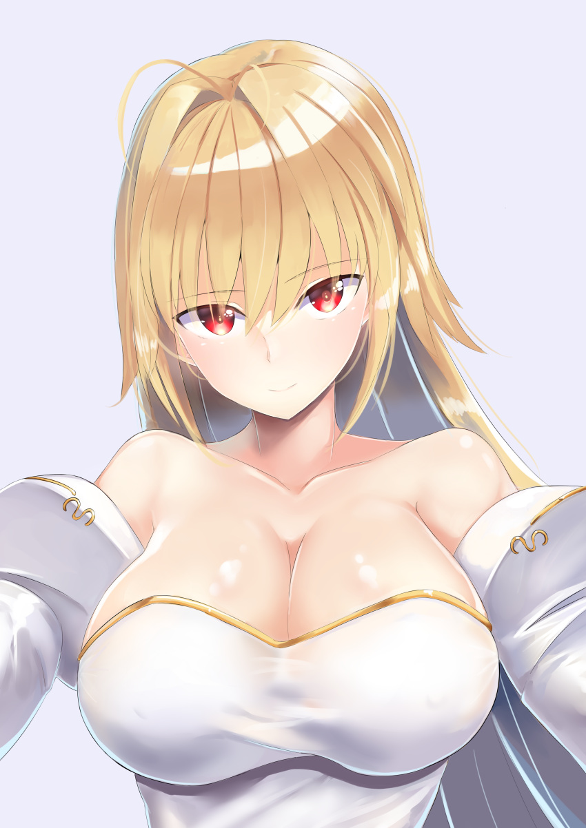 1girl absurdres antenna_hair archetype_earth arcueid_brunestud bangs bare_shoulders blonde_hair blush breasts cleavage closed_mouth collarbone detached_sleeves dress eyebrows_visible_through_hair eyes_visible_through_hair grey_background head_tilt highres i.f.s.f juliet_sleeves large_breasts long_hair long_sleeves looking_at_viewer outstretched_arms puffy_sleeves red_eyes sanpaku shiny shiny_hair shiny_skin sidelocks simple_background smile strapless strapless_dress tsukihime tsurime upper_body white_dress