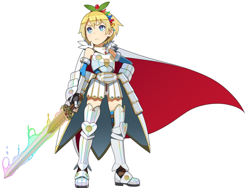 1girl armor armored_boots blonde_hair blue_eyes boots bright_pupils cape elbow_gloves full_body gloves go_robots greaves headdress holding holding_sword holding_weapon short_hair simple_background solo standing sword thigh-highs thigh_boots weapon white_background