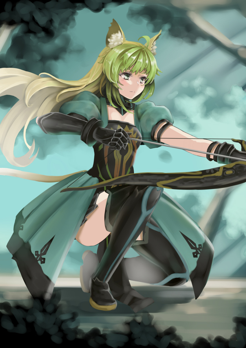 1girl absurdres animal_ears archer_of_red arrow blonde_hair bow_(weapon) cat_ears cat_tail fate/apocrypha fate_(series) green_eyes green_hair grimjin highres long_hair multicolored_hair one_knee solo tail thigh-highs two-tone_hair very_long_hair weapon