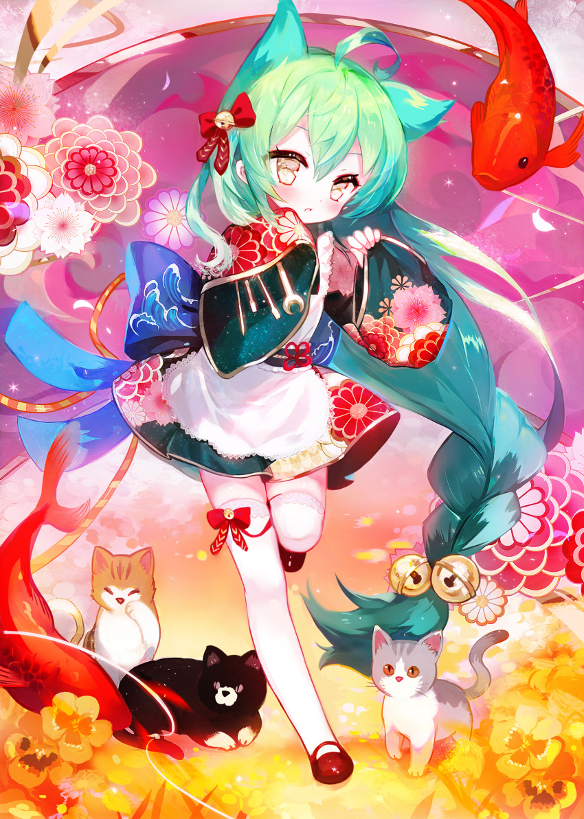 1girl ahoge akashi_(azur_lane) animal_ears apron azur_lane bangs bell black_footwear blush bow braid cat cat_ears fish floral_print goldfish green_hair green_kimono hair_bell hair_between_eyes hair_bow hair_ornament hands_up highres japanese_clothes jingle_bell kimono long_hair looking_at_viewer mary_janes moemoe3345 over-kneehighs parted_lips red_bow shoes sidelocks single_braid solo standing standing_on_one_leg thigh-highs very_long_hair white_legwear wide_sleeves