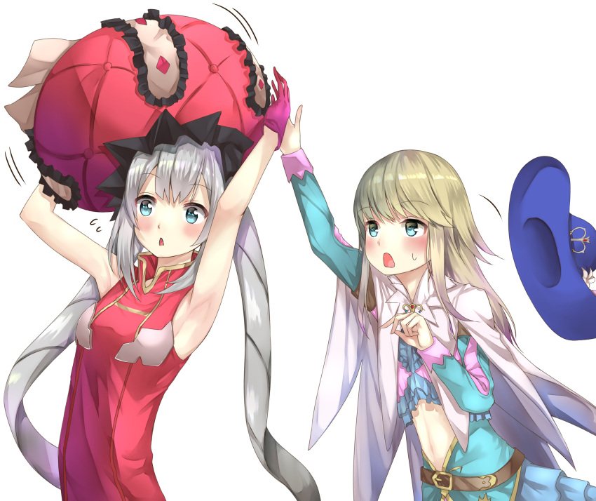 1girl absurdres androgynous aqua_eyes armpits bare_shoulders belt blonde_hair blue_hat blush commentary_request dress fate/grand_order fate_(series) flying_sweatdrops grey_hair hat hat_removed headwear_removed highres large_hat le_chevalier_d'eon_(fate/grand_order) long_hair long_sleeves marie_antoinette_(fate/grand_order) midriff open_mouth ranmaruuuu00 red_hat sleeveless sleeveless_dress sweatdrop twintails upper_body very_long_hair white_background