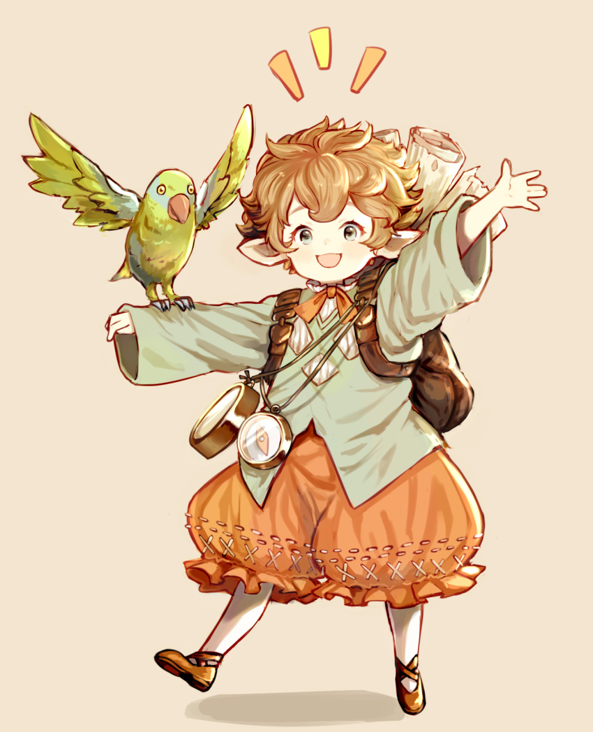 /\/\/\ 1girl :d backpack bag bird bird_on_arm blue_eyes blush brown_background brown_footwear brown_hair compass granblue_fantasy green_shirt harbin highres long_sleeves open_mouth orange_pants outstretched_arms parrot puffy_pants rantan scroll shadow shirt short_hair sierokarte smile standing standing_on_one_leg