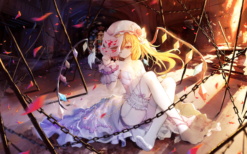 1girl absurdres asa_ni_haru bare_shoulders blonde_hair breasts chains chinese closed_mouth commentary_request dress flandre_scarlet fox_mask full_body garter_belt hat highres lace lace-trimmed_thighhighs legs_crossed light_smile long_hair looking_at_viewer mask mob_cap on_ground one_eye_covered panties pantyshot pantyshot_(sitting) petals red_eyes side_ponytail sitting small_breasts solo thigh-highs touhou underwear wedding_dress white_dress white_legwear white_panties wind wings wrist_cuffs