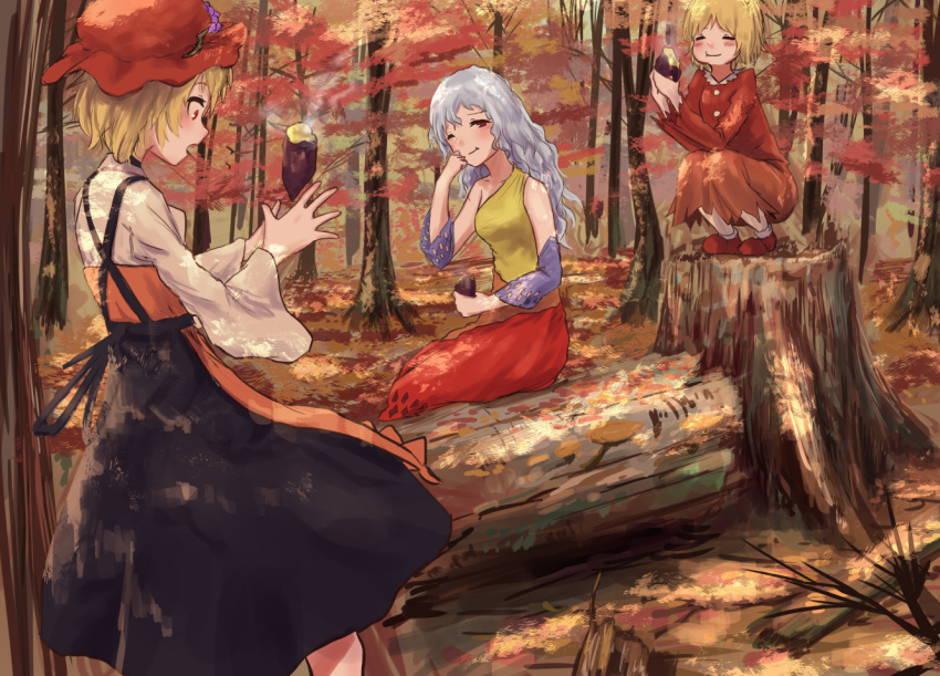 3girls :t aki_minoriko aki_shizuha autumn autumn_leaves bangs blonde_hair closed_eyes commentary_request day detached_sleeves dress fallen_tree food forest fruit grapes hand_on_own_cheek hat holding holding_food layered_dress long_hair long_sleeves mob_cap multiple_girls nature one_eye_closed open_mouth parted_bangs red_eyes roke_(taikodon) sakata_nemuno short_hair sitting skirt squatting standing steam sweet_potato touhou tree_stump white_hair wide_sleeves