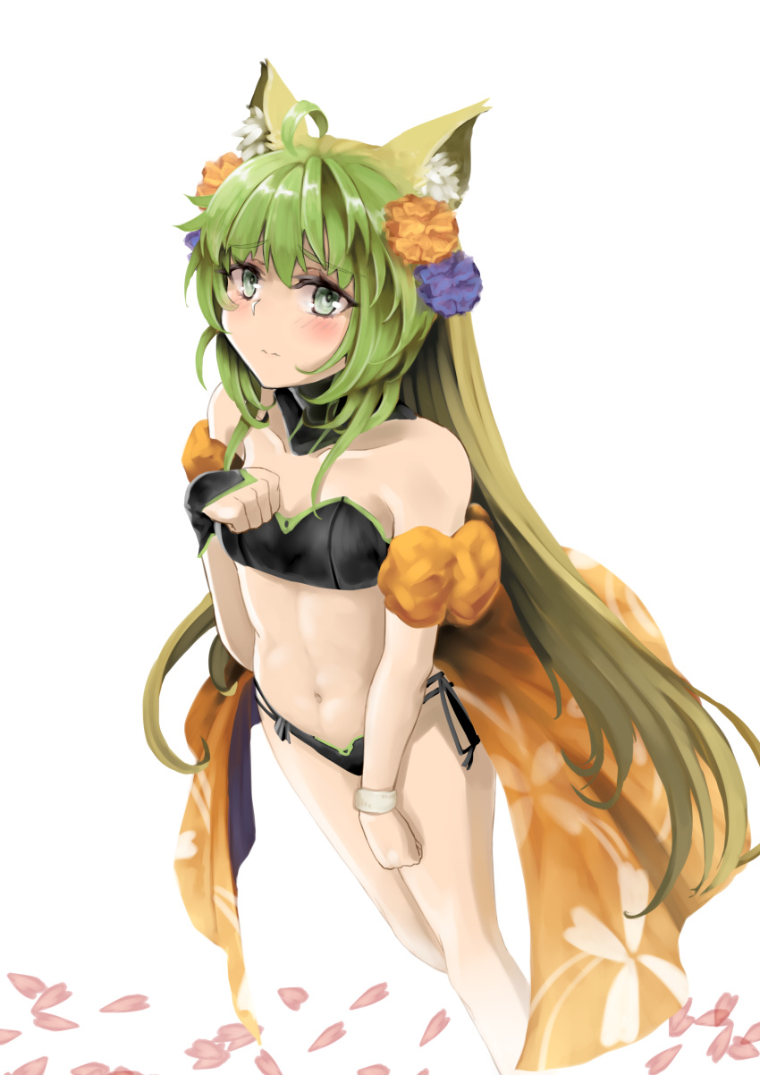 1girl absurdres animal_ears archer_of_red bikini black_bikini blonde_hair blush breasts cat_ears cat_tail fate/apocrypha fate_(series) green_eyes green_hair hair_ornament highres long_hair looking_back medium_breasts multicolored_hair navel outdoors petals sitting solo swimsuit tail two-tone_hair very_long_hair yonago_miko