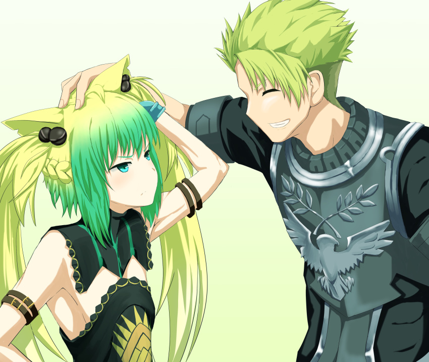 1boy 1girl absurdres animal_ears archer_of_red blonde_hair cat_ears closed_eyes fate/apocrypha fate_(series) green_eyes green_hair hand_on_another's_head highres holding holding_weapon mukade_(siieregannsu) multicolored_hair rider_of_red thigh-highs two-tone_hair weapon