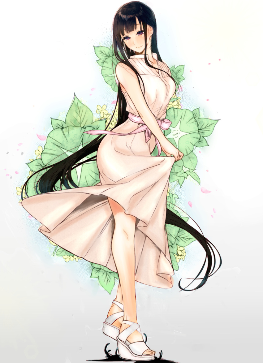 1girl ane_naru_mono bare_arms bare_shoulders black_hair chiyo_(ane_naru_mono) commentary dress flower full_body highres leaf light_smile long_hair looking_at_viewer petals pink_eyes sash shoes skirt_hold sleeveless sleeveless_dress solo sundress very_long_hair white_dress white_footwear zerozero