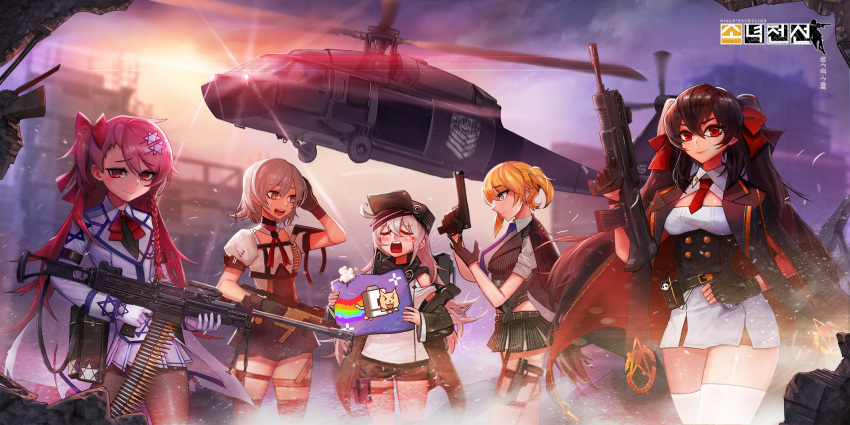 5girls :&gt; :d ammunition_belt animal_print bike_shorts black_gloves black_hair black_legwear black_shorts blazer blonde_hair blush brown_eyes building cat_print character_print closed_eyes closed_mouth commentary_request copyright_name eyebrows_visible_through_hair g11_(girls_frontline) girls_frontline gloves green_eyes grey_hair gun hair_between_eyes hair_ornament hair_ribbon handgun hexagram highres holding holding_gun holding_pillow holding_weapon imi_negev jacket kriss_vector long_hair looking_at_another looking_at_viewer multiple_girls negev_(girls_frontline) nyan_cat open_mouth outdoors pantyhose pillow pink_hair pistol profile pungbaeg qbz-97_(girls_frontline) red_eyes red_ribbon ribbon shirt short_hair shorts skirt smile standing star_of_david stuffing sunrise sunset sweatdrop tears thigh-highs thigh_pouch torn twintails vector_(girls_frontline) weapon welrod_mk2_(girls_frontline) white_shirt white_skirt yawning