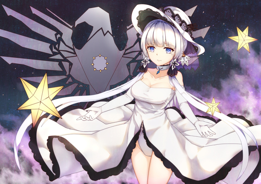 1girl azur_lane bangs blue_eyes breasts choker cleavage clouds dress elbow_gloves gem gloves hair_ornament hat illustrious_(azur_lane) iwry large_breasts leotard long_hair looking_at_viewer low_twintails mole mole_under_eye outstretched_arms sky solo star star_(sky) starry_sky strapless strapless_dress twintails very_long_hair white_gloves white_hair white_leotard