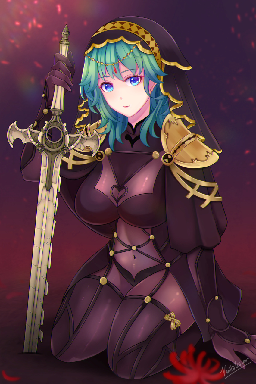 1girl aqua_hair artist_name blue_eyes blurry bodystocking bodysuit breasts byleth_(fire_emblem) byleth_eisner_(female) closed_mouth cosplay covered_navel depth_of_field fire_emblem fire_emblem:_three_houses flower highres holding holding_sword holding_weapon jewelry large_breasts looking_at_viewer medium_hair scathach_(fate) scathach_(fate)_(all) scathach_(fate)_(cosplay) seiza sitting solo spider_lily sword sword_of_the_creator vannila_tea-er veil weapon