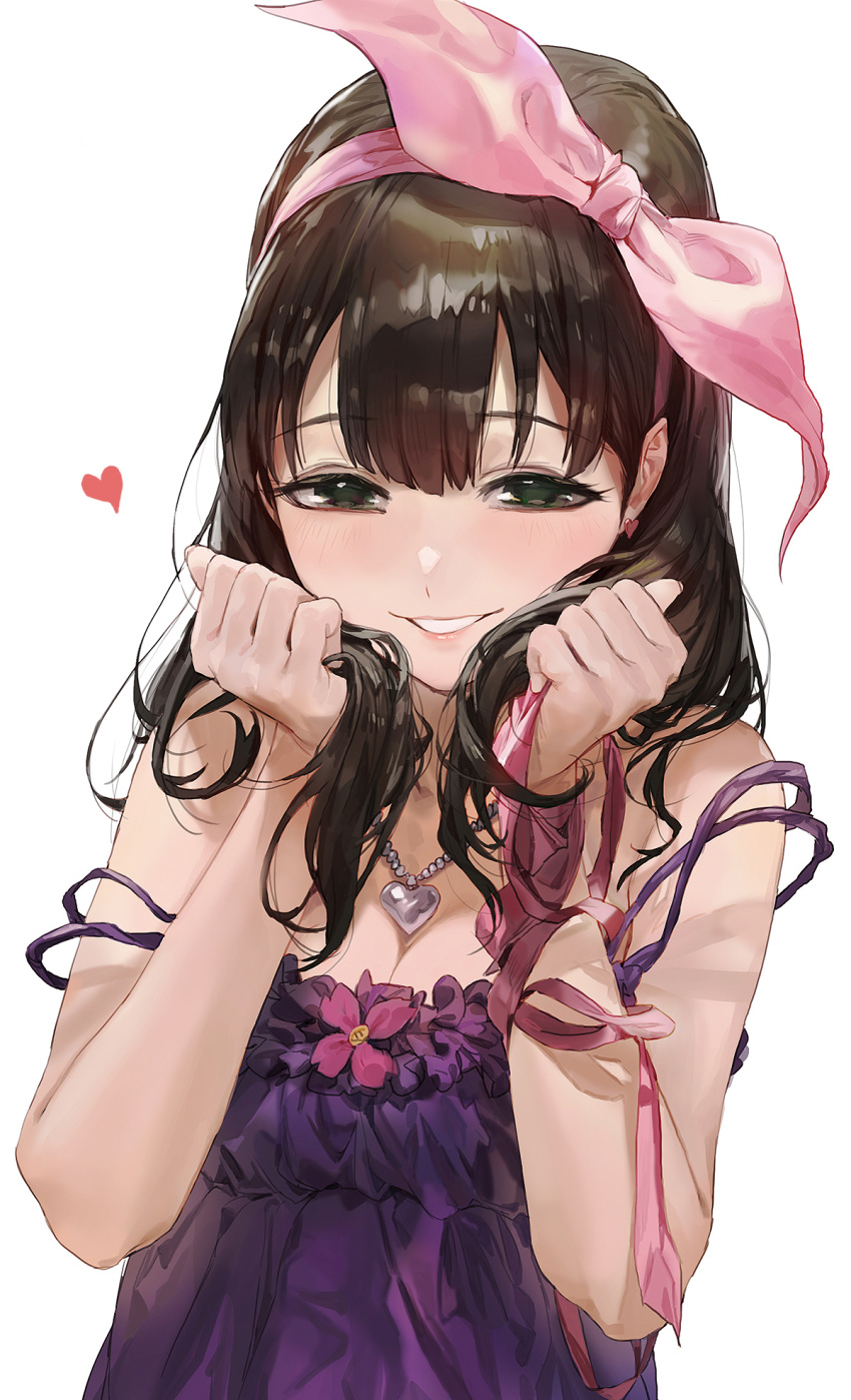 1girl bangs bare_shoulders blush bow breasts brown_hair camisole cleavage dress eyebrows_visible_through_hair flower green_eyes hair_bow hairband half-closed_eyes hands_up heart heart_necklace highres holding holding_hair idolmaster idolmaster_cinderella_girls jewelry long_hair looking_at_viewer medium_breasts mossi necklace parted_lips pink_bow purple_dress revision ribbon sakuma_mayu simple_background smile solo strap_slip upper_body white_background