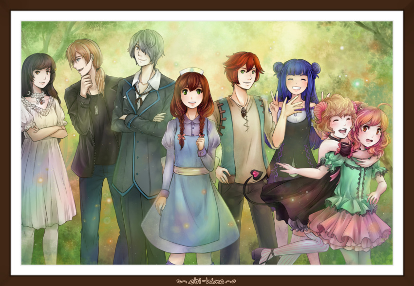 3boys 5girls :d ^_^ ahoge arm_at_side asa_(this_world_unknown) black_dress black_footwear black_jacket black_pants black_shirt blonde_hair blue_eyes blue_hair blush braid brown_eyes brown_hair brown_pants choker clenched_hand clenched_teeth closed_eyes closed_mouth collarbone collared_shirt commentary crossed_arms demon_girl demon_horns demon_tail denim detached_sleeves double_bun double_v dress empty_horizons frame freckles frilled_choker frilled_sleeves frills green_eyes green_shirt grey_hair grin hair_between_eyes hair_over_one_eye hand_on_hip hat head_tilt horns hug hug_from_behind jacket jeans kari_avalon leg_up licia_(strawberry_vinegar) light_particles long_hair long_sleeves looking_at_another looking_at_viewer low_ponytail lyon_(empty_horizons) mireille_maiorano multiple_boys multiple_girls nurse nurse_cap off-shoulder_shirt one_side_up onodera_tsuzumi open_clothes open_jacket open_mouth orange_hair pants parted_lips pink_hair pink_skirt profile puffy_long_sleeves puffy_sleeves purple_skirt rhea_(this_world_unknown) romaji sakuraba_rie shirt short_hair short_sleeves skirt smile standing strawberry_vinegar striped striped_legwear tail teeth the_way_we_all_go thigh-highs this_world_unknown tree twin_braids v valerian_(this_world_unknown) vertical-striped_legwear vertical_stripes waving white_dress white_legwear white_shirt wing_collar