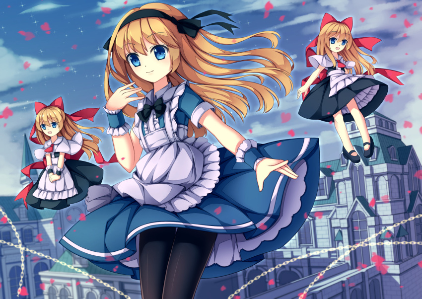 3girls alice_margatroid apron black_bow black_dress black_footwear black_hairband black_legwear black_neckwear black_ribbon blonde_hair blue_dress blue_eyes blue_sky bow bowtie building chains closed_mouth clouds day dress eyebrows_visible_through_hair flying frilled_apron frills hair_bow hair_ribbon hairband long_hair mansion mary_janes mechrailgun multiple_girls necktie no_socks outdoors own_hands_together pantyhose petals petticoat red_bow red_neckwear ribbon shanghai_doll shoes short_sleeves sky smile sparkle tareme thigh_gap touhou touhou_(pc-98) v_arms white_apron wrist_cuffs