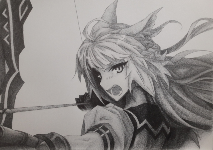 1girl absurdres ahoge animal_ears archer_of_red arrow bow_(weapon) cat_ears cat_tail fang fate/apocrypha fate_(series) gloves highres long_hair monochrome open_mouth solo tail weapon