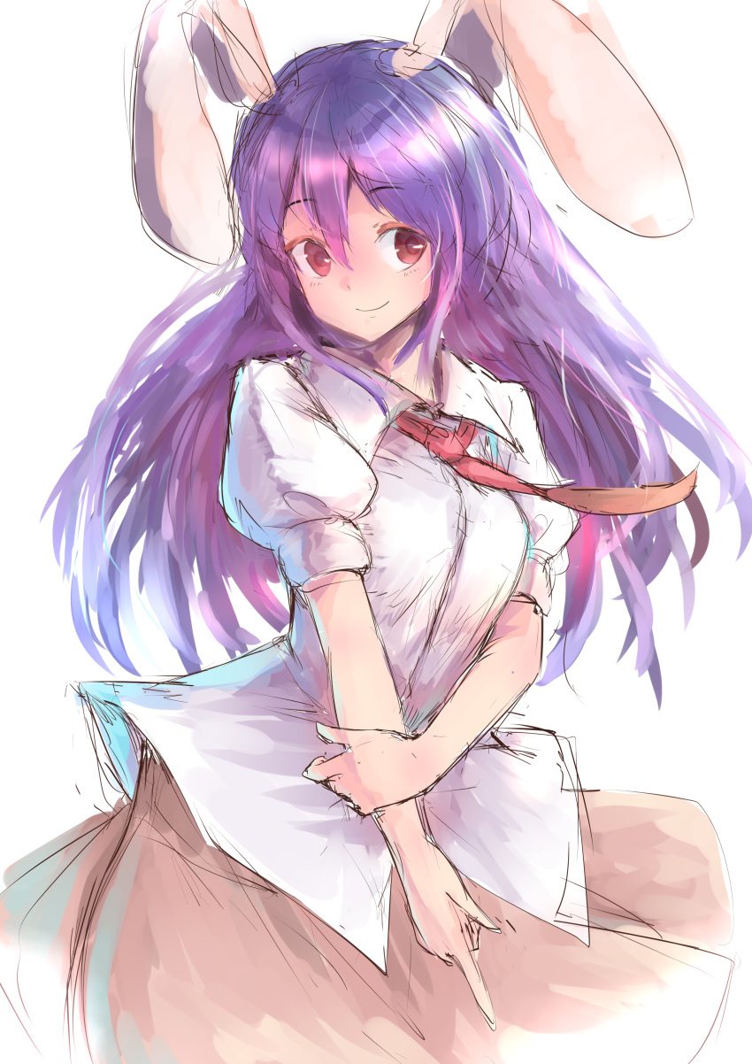 1girl absurdres animal_ears bangs breasts brown_skirt closed_mouth collared_shirt eyebrows_visible_through_hair hand_on_own_arm highres kushidama_minaka long_hair looking_at_viewer medium_breasts necktie pointing pointing_down purple_hair rabbit_ears red_neckwear reisen_udongein_inaba shirt short_sleeves simple_background sketch skirt smile solo tareme touhou upper_body violet_eyes white_background white_shirt wing_collar