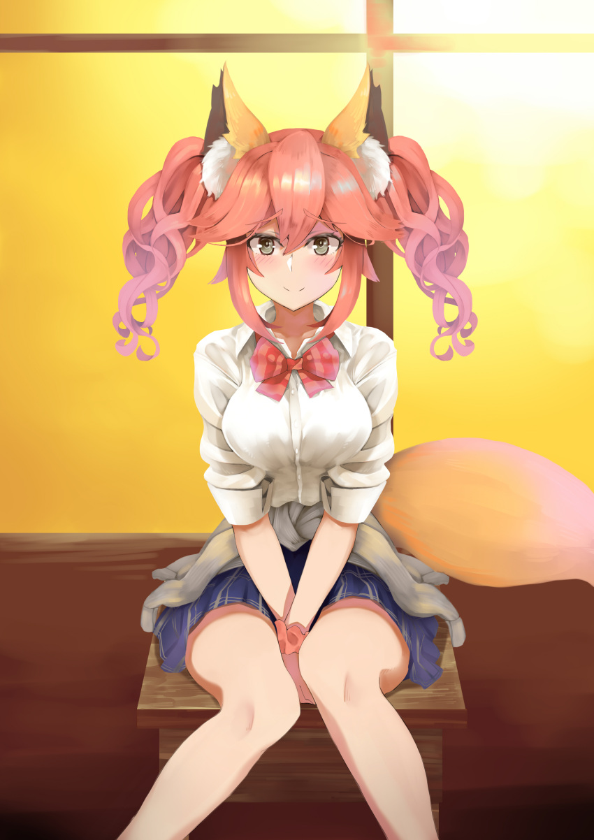 1girl absurdres animal_ears blush breasts fate/extra fate/extra_ccc fate_(series) fox_ears fox_tail hair_ribbon highres japanese_clothes large_breasts looking_at_viewer pink_hair ribbon school_uniform sitting smile solo tail tamamo_(fate)_(all) tamamo_jk_(fate) yellow_eyes yonago_miko