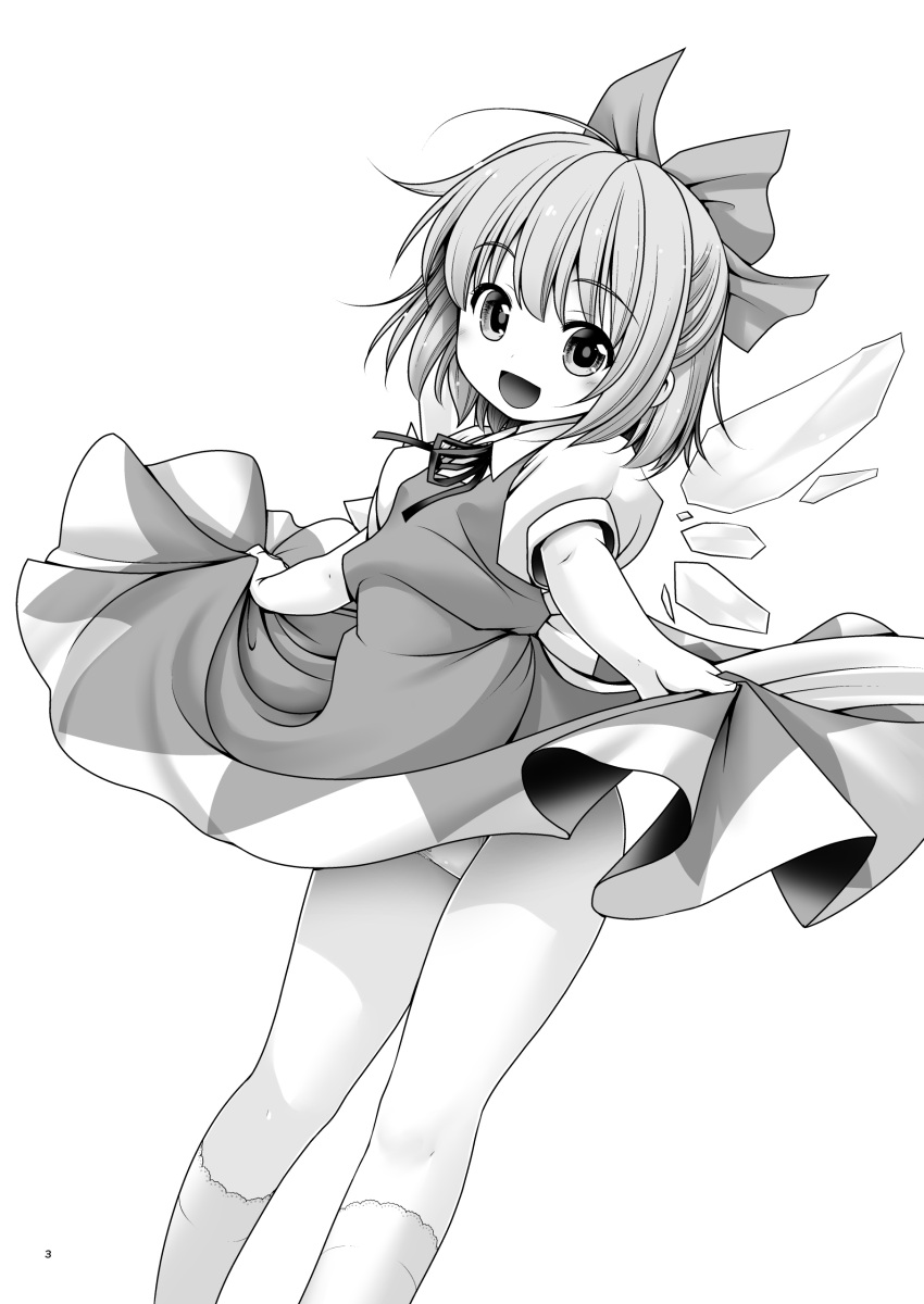 1girl absurdres bangs bare_legs bow cirno dress dress_lift eyebrows_visible_through_hair greyscale hair_bow highres ice ice_wings kneehighs lifted_by_self looking_at_viewer monochrome open_mouth panties pantyshot pantyshot_(standing) puffy_short_sleeves puffy_sleeves ribbon short_hair short_sleeves simple_background smile solo standing tomoki_tomonori touhou underwear wings
