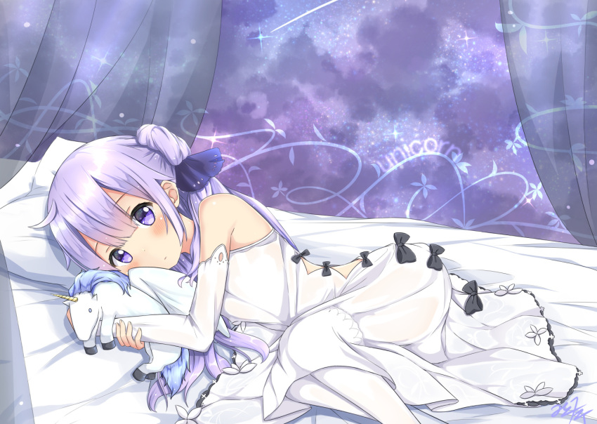 1girl ahoge azur_lane bangs bed_sheet blush bow bridal_gauntlets character_name curtains dress eyebrows_visible_through_hair hair_ornament holding holding_stuffed_animal long_hair looking_at_viewer lying mikoillust object_hug on_bed on_side one_side_up pillow purple_hair see-through shooting_star signature sleeveless sleeveless_dress solo star_(sky) stuffed_animal stuffed_toy stuffed_unicorn thigh-highs unicorn_(azur_lane) violet_eyes white_dress white_legwear