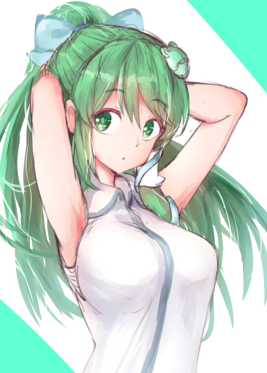 1girl :o absurdres alternate_hairstyle arms_behind_head arms_up blue_bow blush bow breasts eyebrows_visible_through_hair frog_hair_ornament green_eyes green_hair hair_bow hair_ornament hair_tubes highres kochiya_sanae kushidama_minaka long_hair looking_at_viewer medium_breasts parted_lips single_sidelock sketch sleeveless solo tareme touhou two-tone_background tying_hair upper_body vest white_vest