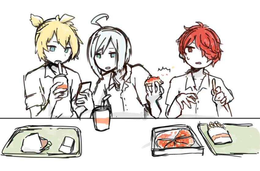 3boys ahoge blonde_hair eating food french_fries fukase highres kagamine_len male_focus multiple_boys pizza redhead school_uniform short_hair silver_hair tray utatane_piko vocaloid