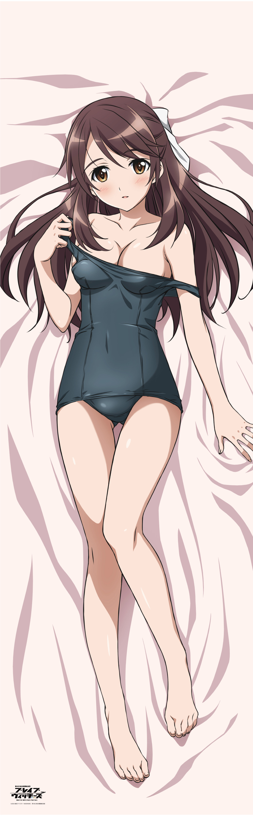 1girl absurdres bare_legs bare_shoulders barefoot black_swimsuit blush brave_witches breasts brown_eyes brown_hair cleavage covered_navel dakimakura feet full_body hair_ribbon half_updo highres incredibly_absurdres karibuchi_takami long_hair looking_at_viewer lying medium_breasts official_art on_back parted_lips ribbon school_swimsuit solo strap_slip swimsuit toes world_witches_series