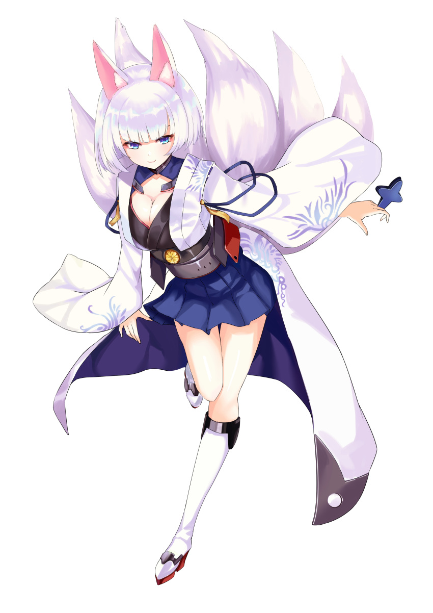 1girl absurdres animal_ears azur_lane bangs blue_eyes breasts cleavage commentary_request eyebrows_visible_through_hair fox_ears fox_tail highres kaga_(azur_lane) large_breasts looking_at_viewer mask multiple_tails shinori_(efvbji6264) short_hair simple_background skirt smile solo tail white_background white_hair