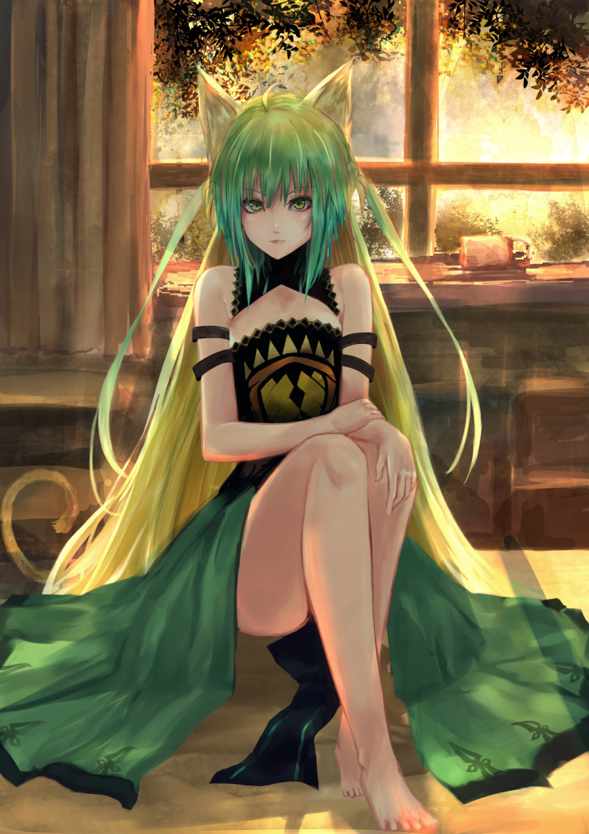 1girl animal_ears archer_of_red bare_legs barefoot blonde_hair cat_ears cat_tail fate/apocrypha fate_(series) green_eyes green_hair highres long_hair multicolored_hair sitting solo tail two-tone_hair very_long_hair