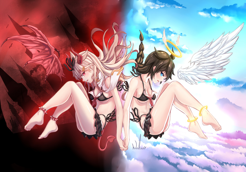 2girls angel_and_devil angel_wings anklet artist_name back-to-back bare_arms bare_legs bare_shoulders barefoot bikini bikini_skirt black_bikini black_ribbon blush braid breasts brown_hair collarbone demon_girl demon_horns demon_tail demon_wings detached_wings eyebrows_visible_through_hair feathered_wings from_side full_body glowing hair_flaps hair_ornament hair_ribbon hairclip halo hand_holding highres horns interlocked_fingers jewelry kantai_collection long_hair medium_breasts multiple_girls navel open_mouth remodel_(kantai_collection) ribbon sailor_bikini sailor_collar shigure_(kantai_collection) side-tie_bikini single_braid smile spiked_anklet spikes swimsuit tail under_boob white_wings wings wuhuo yuudachi_(kantai_collection)