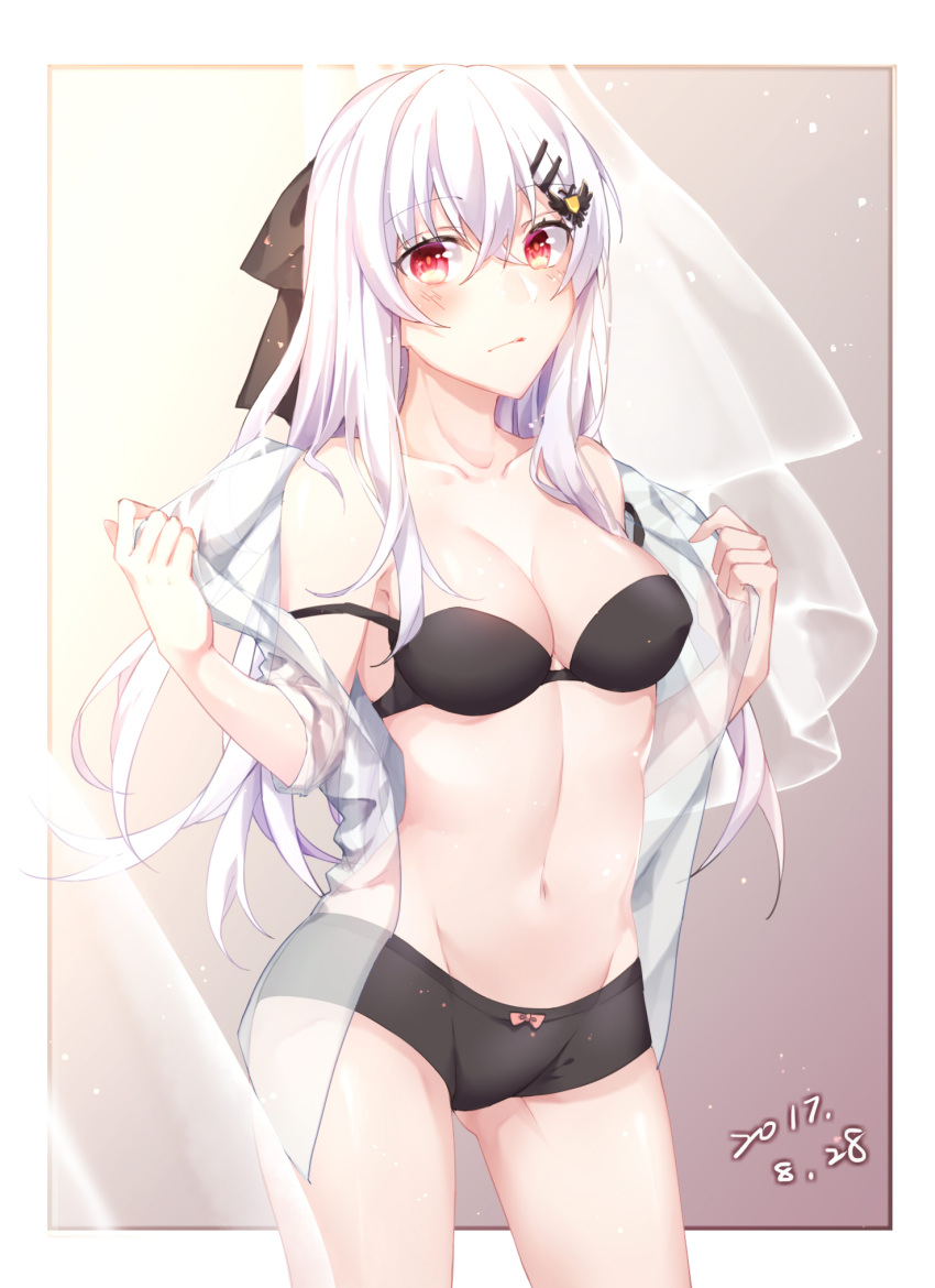 1girl albino arms_up artist_request bangs bare_shoulders black_bra black_panties black_ribbon blush bra breasts closed_mouth collarbone cowboy_shot dated expressionless eyebrows_visible_through_hair eyes_visible_through_hair girls_frontline gleam gluteal_fold hair_between_eyes hair_ornament hair_ribbon hairclip head_tilt highres holding_shirt iws-2000_(girls_frontline) light_particles long-hair long_hair looking_at_viewer medium_breasts navel panties red_eyes ribbon see-through shading shirt sidelocks simple_background solo standing stomach thighs underwear undressing white_hair white_shirt