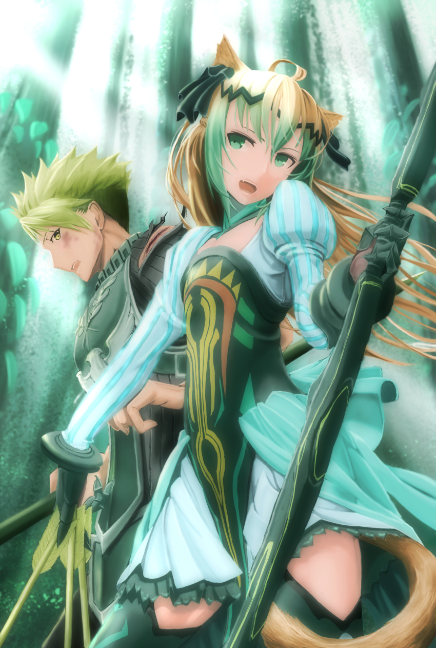 1boy 1girl absurdres animal_ears archer_of_red armor arrow blonde_hair bow_(weapon) cat_ears fate/apocrypha fate_(series) green_eyes green_hair highres holding holding_weapon mukade_(siieregannsu) multicolored_hair polearm rider_of_red spear thigh-highs two-tone_hair weapon
