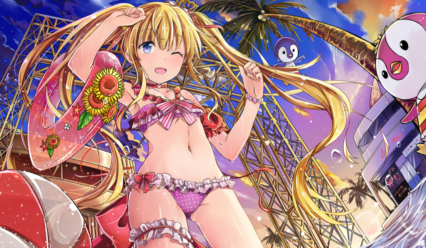 1girl :d ;d arm_up armpits ball bangs bare_shoulders beachball bikini bird blonde_hair blue_eyes blue_sky blush bow bracelet cardfight!!_vanguard_g clouds commentary_request crown day eyebrows_visible_through_hair flat_chest frilled_bikini frills from_below gluteal_fold heart highres innertube jeffrey10 jewelry leg_garter long_hair looking_at_viewer looking_down mini_crown navel one_eye_closed open_mouth outdoors pacifica_(cardfight!!_vanguard) palm_tree penguin pink_bikini polka_dot polka_dot_bikini red_bow red_neckwear sky smile solo stage standing stomach swimsuit tareme thighs tree twintails water