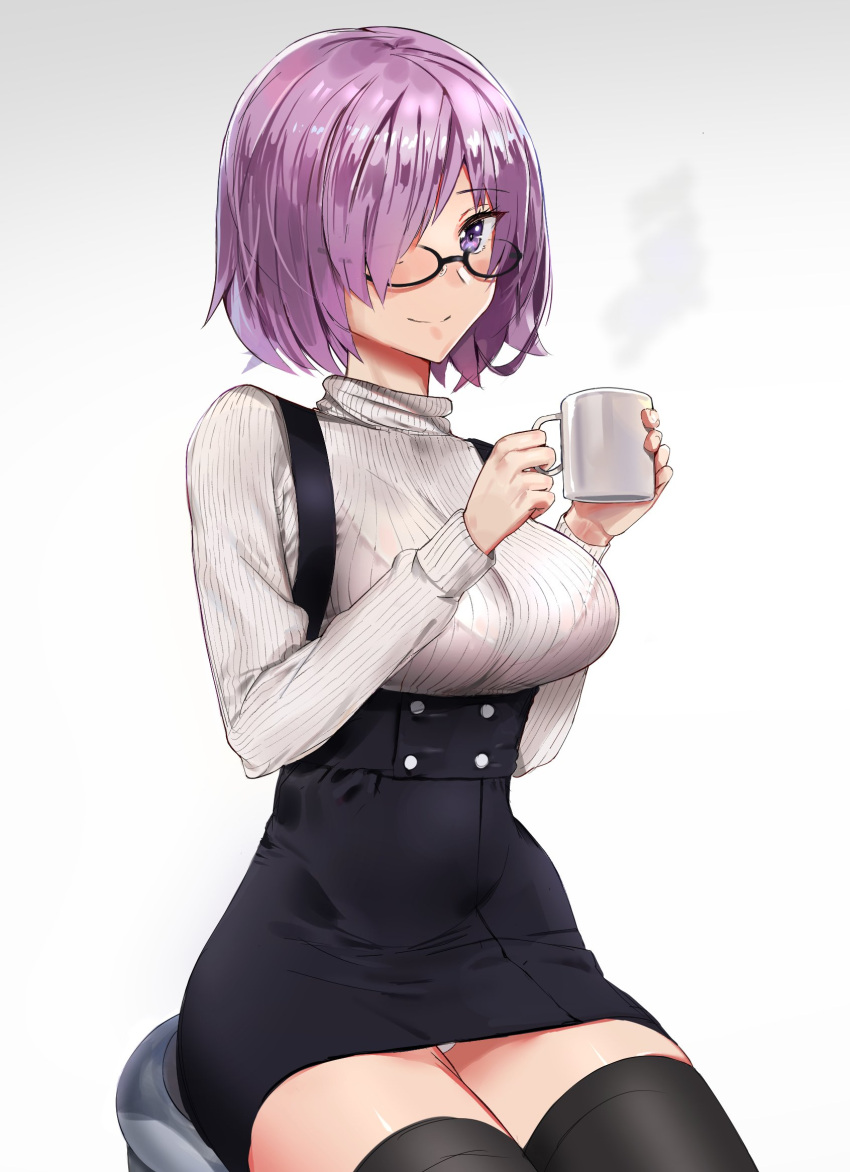 1girl black_dress black_legwear bra breasts cup dress eyebrows_visible_through_hair fate/grand_order fate_(series) glasses hair_over_one_eye highres holding holding_cup kneeling large_breasts long_sleeves looking_at_viewer meme_attire panties pantyshot pantyshot_(kneeling) pink_bra pink_hair see-through shielder_(fate/grand_order) short_hair simple_background smile solo ssamjang_(misosan) steam thigh-highs turtleneck two-tone_dress underwear violet_eyes virgin_killer_outfit white_background white_dress