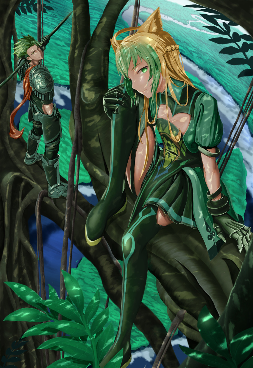 1boy 1girl animal_ears archer_of_red armor blonde_hair cat_ears fate/apocrypha fate_(series) green_eyes green_hair highres holding holding_weapon mukade_(siieregannsu) multicolored_hair one_eye_closed polearm rider_of_red smile spear thigh-highs two-tone_hair weapon